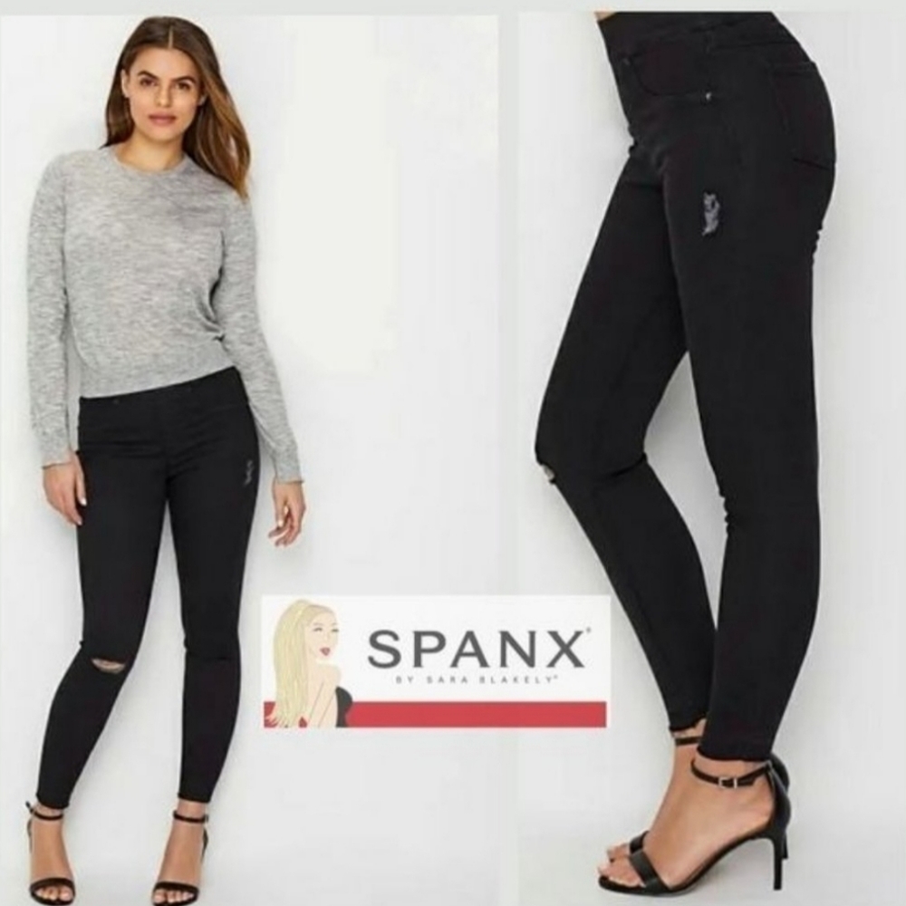 Spanx Distressed High Rise Skinny Jeans Washed Black Sz Small